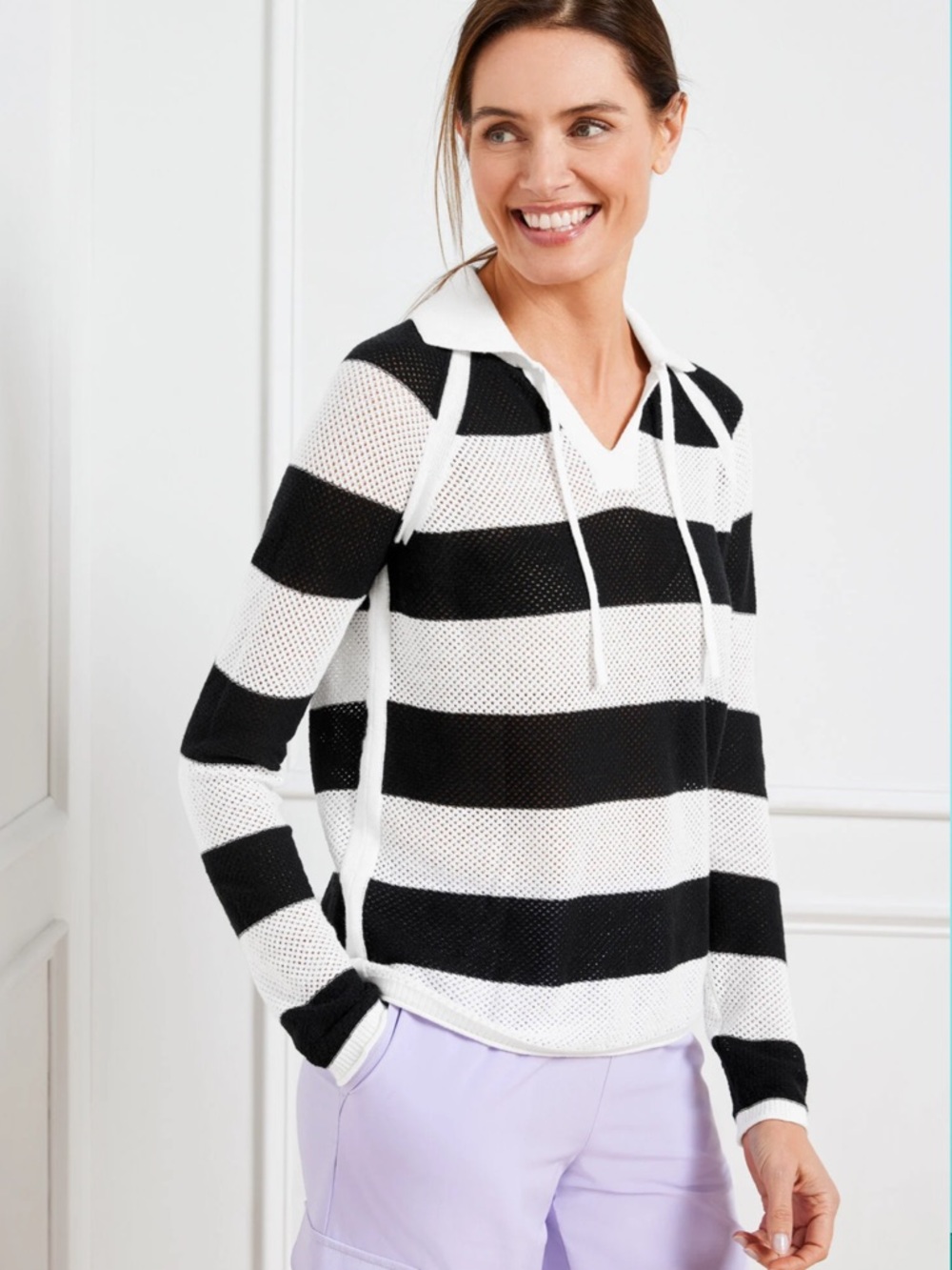 TALBOTS Coolmax Johnny Collar Pullover Mesh Sweater Black White Stripe Nautical